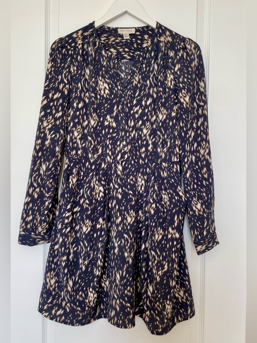 See You Soon Navy and Cream Long-Sleeve Printed Fit-and-Flare Dress